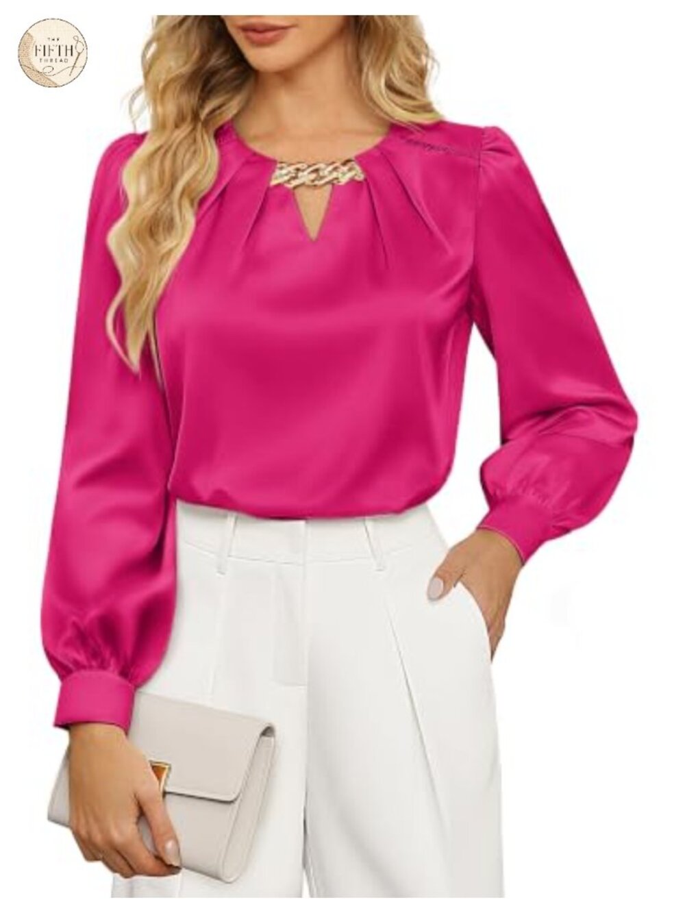 Satin Silk Blouse Chain Keyhole Neck Long Sleeve Work Shirt